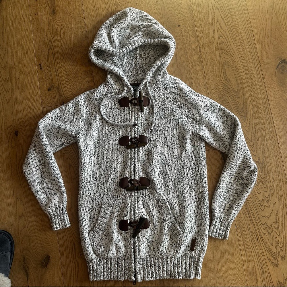 ROOTS Salt & Pepper Zip up W/ Leather & Wood Buttons Hooded Cotton Sweater,  SM
